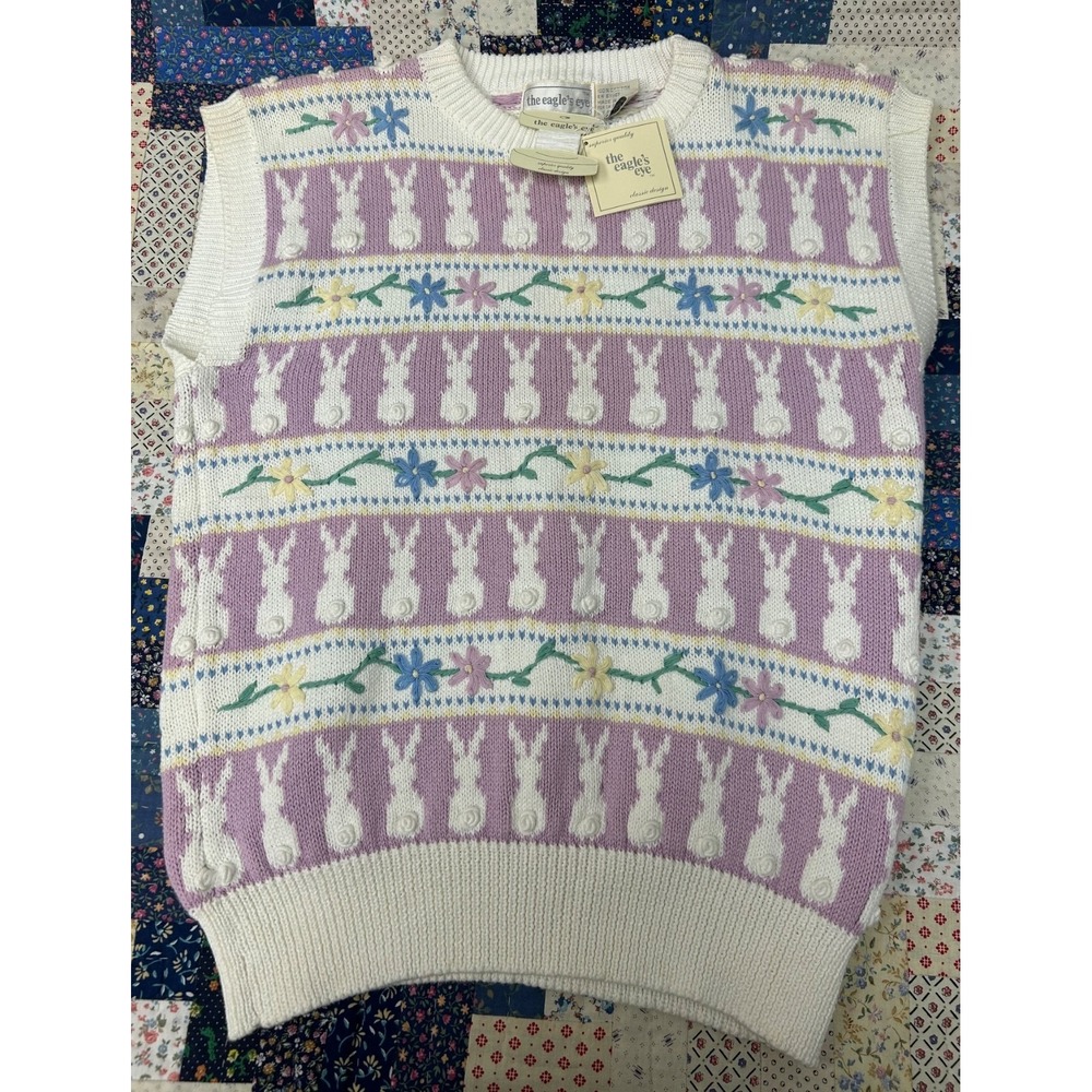 Vintage‎ L The Eagle's Eye 1990's Spring Floral & Bunnies pattern cotton sweater